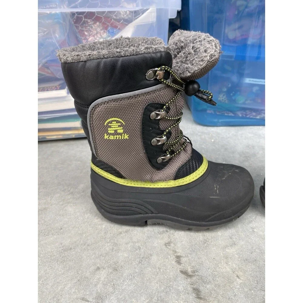Kamik Kids Winter Snow Boots Size 13 Gray Black Neon Green Waterproof